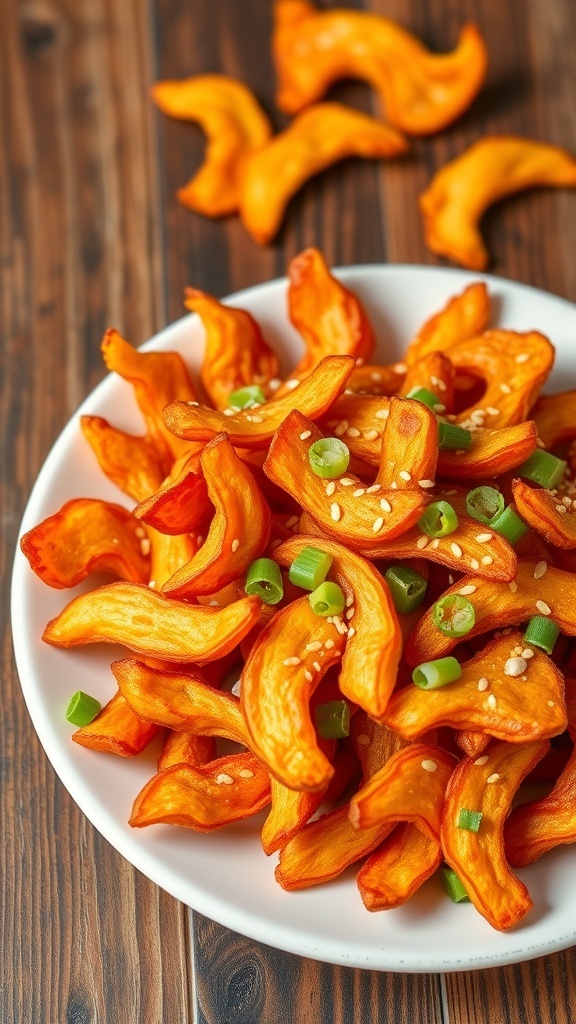 A colorful plate of crispy Korean spicy chips garnished with sesame seeds and green onions.